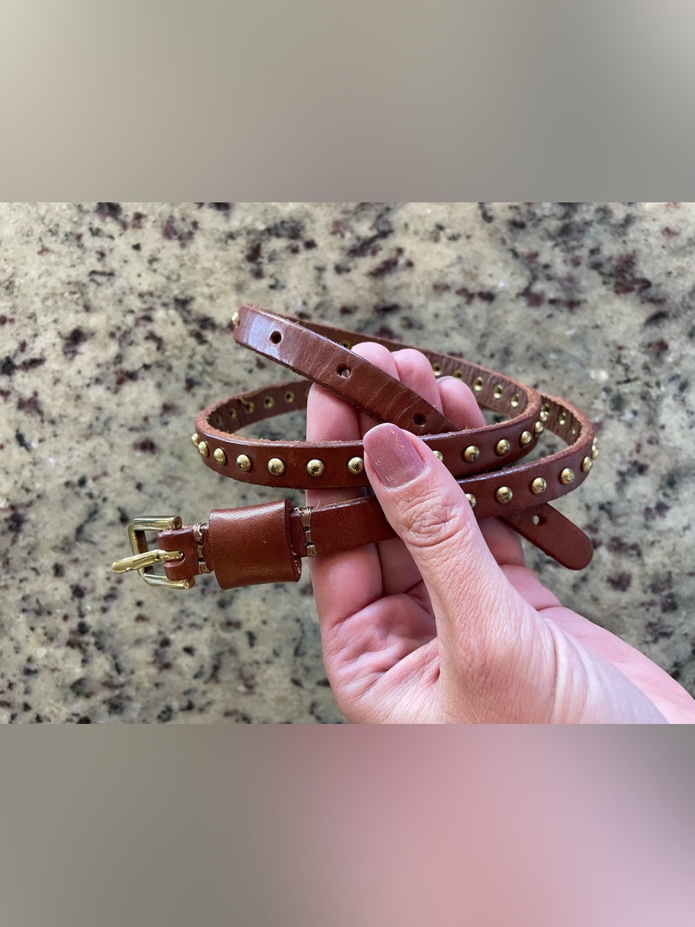 Women's Brown Studded Leather Belt with Gold Hardware